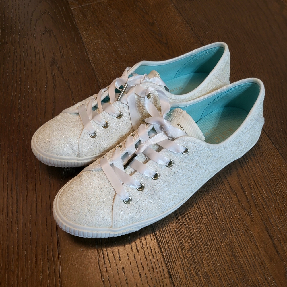 Kate Spade Sparkly White Or Bridal Sneakers With Satin Laces Women's Size 8.5